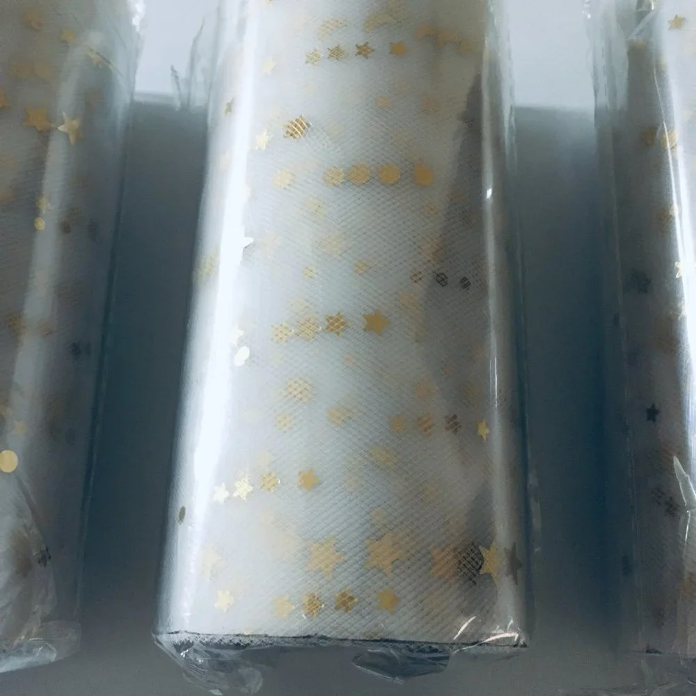 3 Rolls White Mesh Tulle Wide Ribbon with Gold Moons & Stars